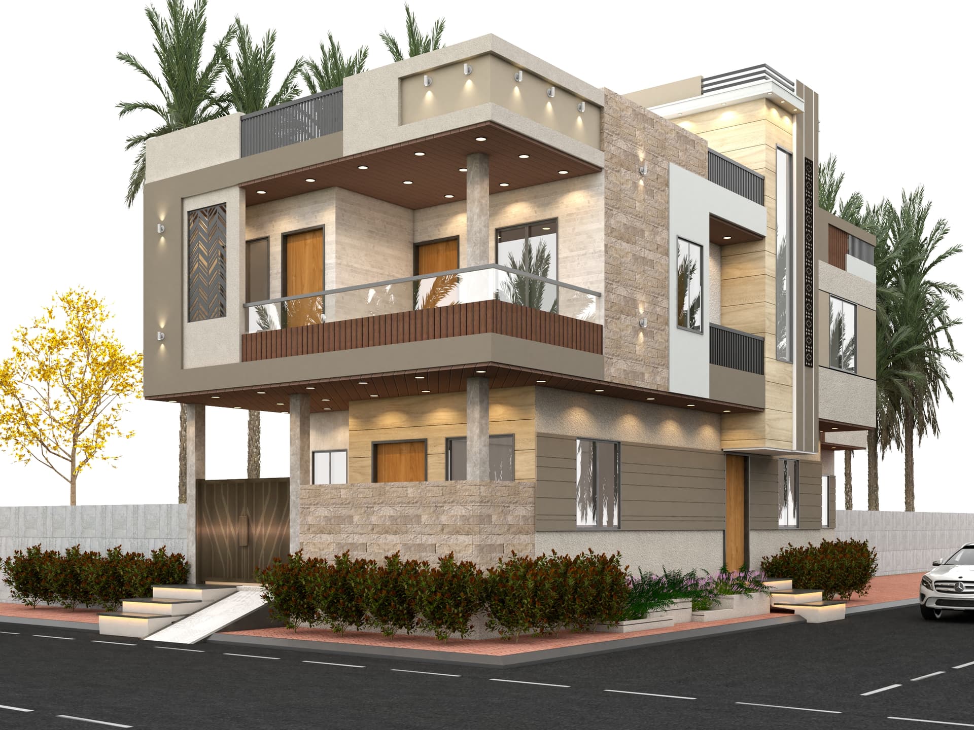 Contemporary corner residence exterior elevation designed for Bheru Bhil in Sanganer